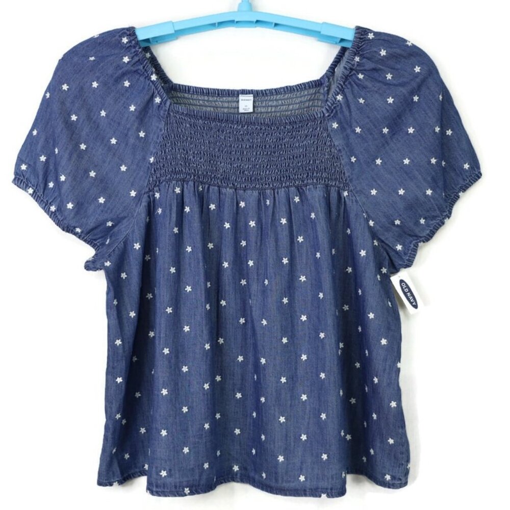 Old Navy Smocked Blue Jean Short Sleeve Shirt Top‎ Size XL Floral Embroidered